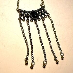 Long gothic inspired dark brass metal fringe chain necklace black stone 30”